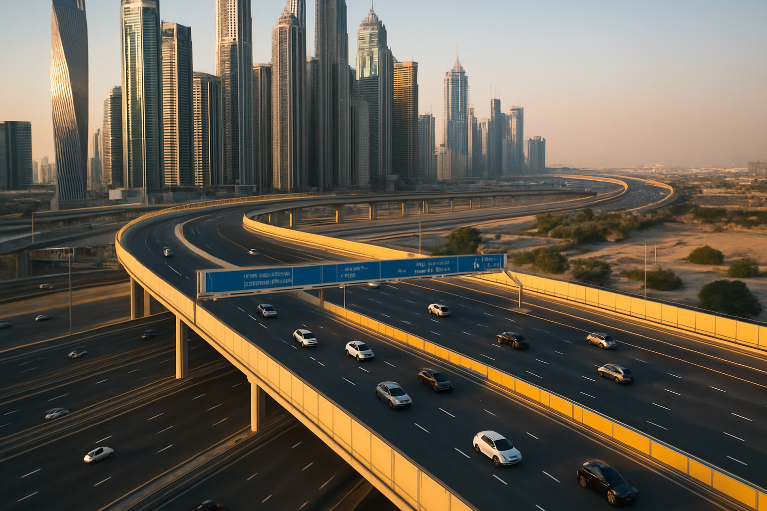 Aerial view of a modern paid road in Dubai with smooth traffic flow