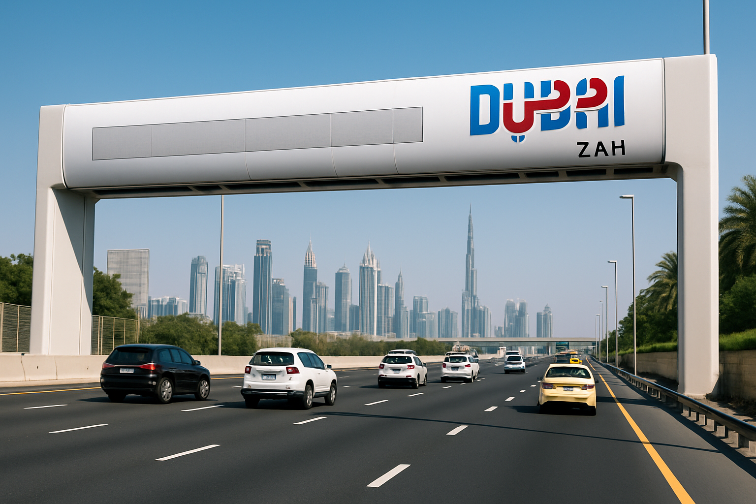 Electronic toll gate on a Dubai highway